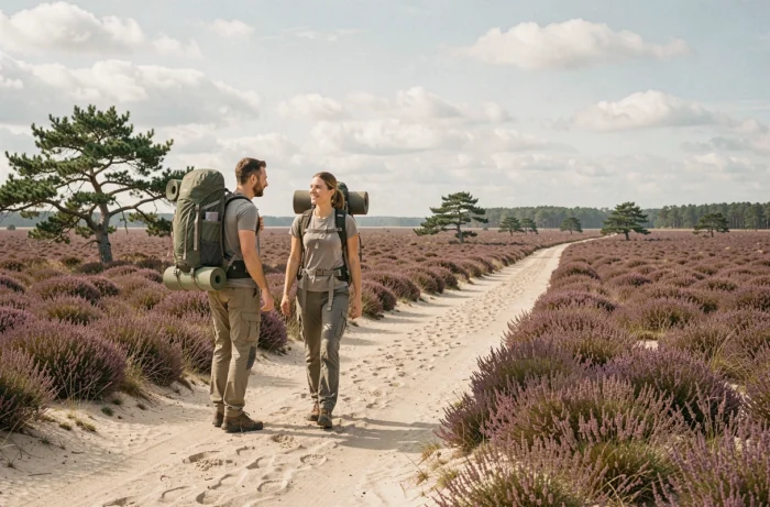 Couple de randonneurs avec sacs à dos traversant la lande sauvage des Landes