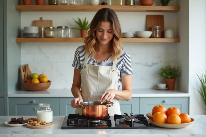 Jeune femme préparant une recette gourmande et saine dans une cuisine moderne avec des ingrédients naturels comme le chocolat noir, la noix de coco et les fruits frais