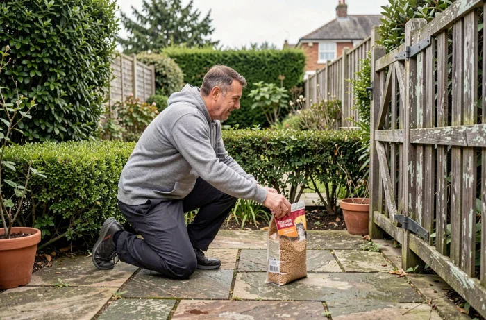 Homme cherchant son chat perdu dans le jardin en agitant une boîte de croquettes près d'une grille