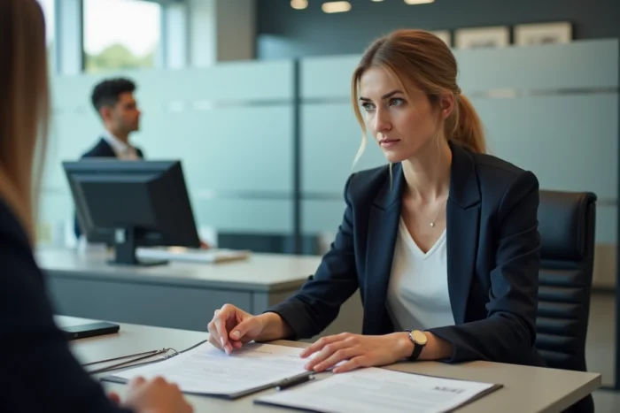 Une cliente en désaccord avec un conseiller commercial dans un bureau de concession automobile