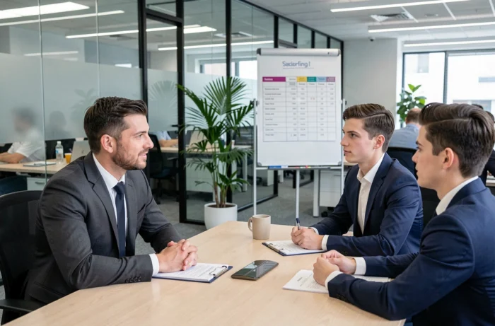 Recruteur en entretien avec des candidats extras dans les locaux d'une agence de staffing événementiel moderne