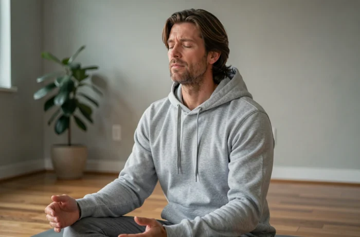Un homme assis en position de respiration consciente sur un tapis de yoga dans un salon épuré
