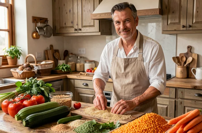 Un homme préparant des légumes frais et des céréales brutes dans une cuisine rustique