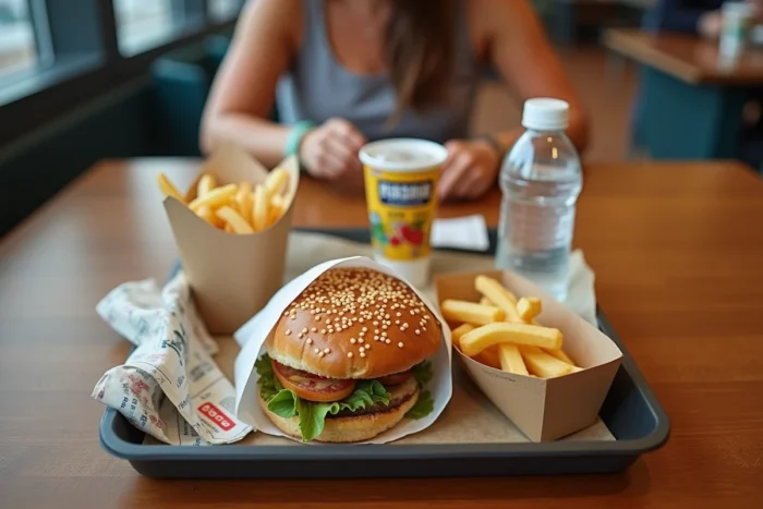 Plateau repas économique dans la cafétéria de la Mer de Sable avec burger, frites et fruits pour une sortie en famille à petit budget