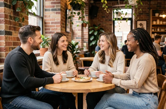 Un groupe d'amis adultes en conversation animée autour d'une table de café, illustrant des liens sociaux stables