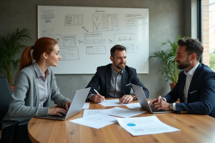 Réunion d'équipe de professionnels discutant des tendances et stratégies business en 2024 dans une salle de conférence moderne