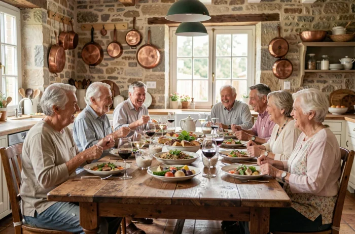 Famille multigénérationnelle réunie autour d'une grande table rustique pour un repas dominical dans une cuisine de style campagne française