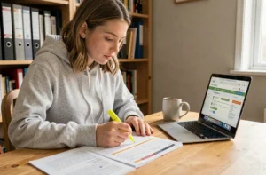 Jeune femme qui révise les questions du code de la route avec un surligneur jaune sur un bureau en bois à la maison