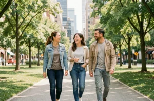 Trois adultes souriants marchant ensemble dans un parc urbain, illustrant un mode de vie sain et épanoui au quotidien