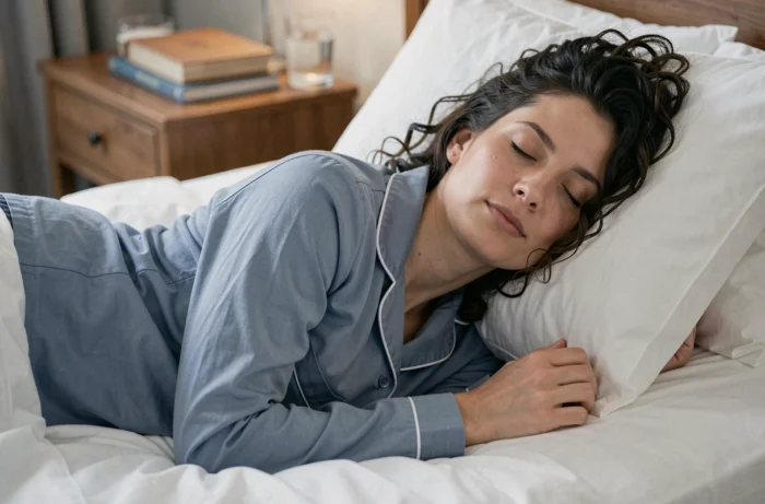 Une femme dormant paisiblement sans écran dans une chambre épurée aux draps blancs