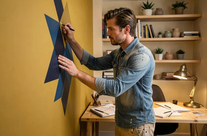Homme appliquant des stickers géométriques muraux dans un bureau à domicile contemporain au mur jaune moutarde