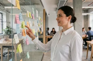 Femme analyste expliquant la structure organisationnelle d'un site web devant un tableau de diagrammes dans un bureau moderne
