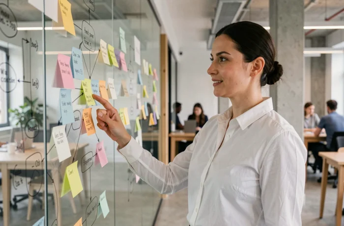 Femme analyste expliquant la structure organisationnelle d'un site web devant un tableau de diagrammes dans un bureau moderne