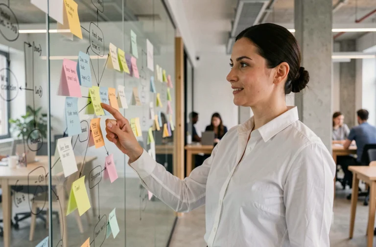 Femme analyste expliquant la structure organisationnelle d'un site web devant un tableau de diagrammes dans un bureau moderne