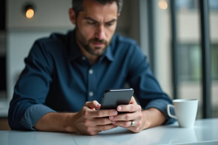Homme consultant son téléphone pour supprimer un compte sans adresse mail