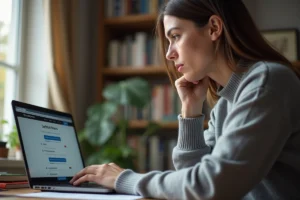 Femme supprimant un compte en ligne sur un ordinateur portable dans un bureau à domicile