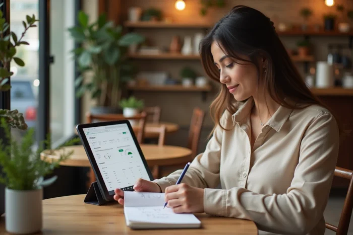 Jeune femme gérant la suppression d'un compte en ligne depuis une tablette dans un café