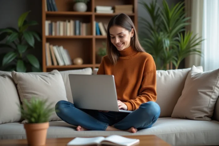 Jeune femme organisant sa boîte mail depuis son espace de travail à domicile dans une atmosphère chaleureuse