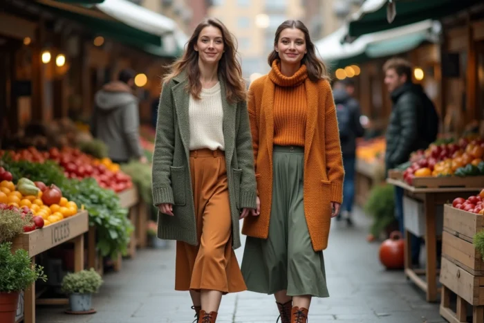 Deux femmes portant des tenues automnales superposées en tons terre et sauge dans un marché urbain, inspirations mode 2024