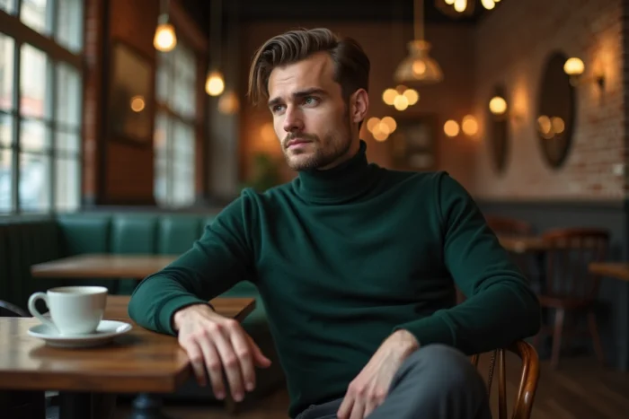 Homme stylé en col roulé vert forêt et pantalon charbon assis dans un café parisien, mode masculine tendance 2024