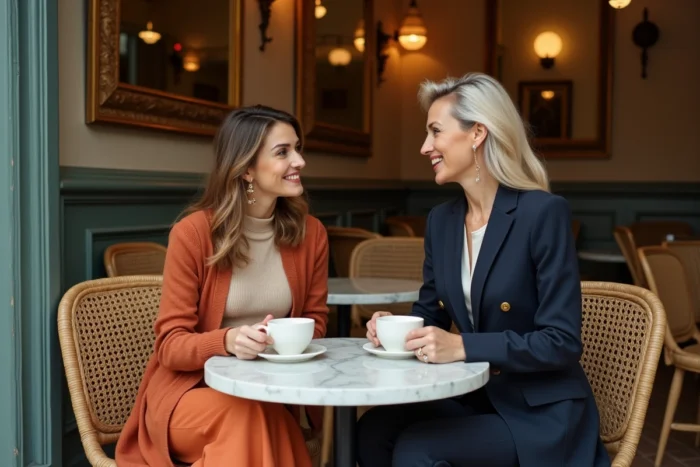 Deux femmes aux styles mode 2024 contrastés — jupe midi terracotta et tailleur marine — discutant dans un café parisien élégant, tendances mode automne hiver