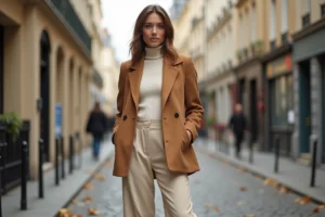 Femme élégante portant un blazer camel oversize et un pantalon large crème dans une rue parisienne pavée en automne, tendances mode 2024