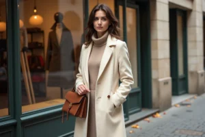 Jeune femme élégante portant un manteau en laine crème devant une boutique de mode parisienne en automne