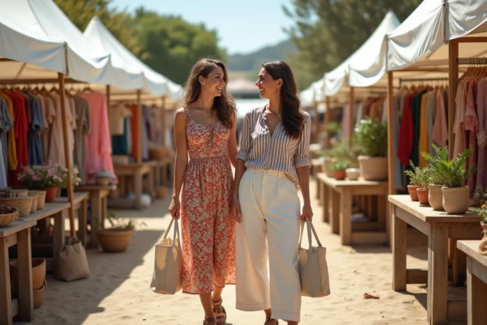 Deux femmes riant ensemble dans un marché de mode en plein air portant des tenues tendance printanières