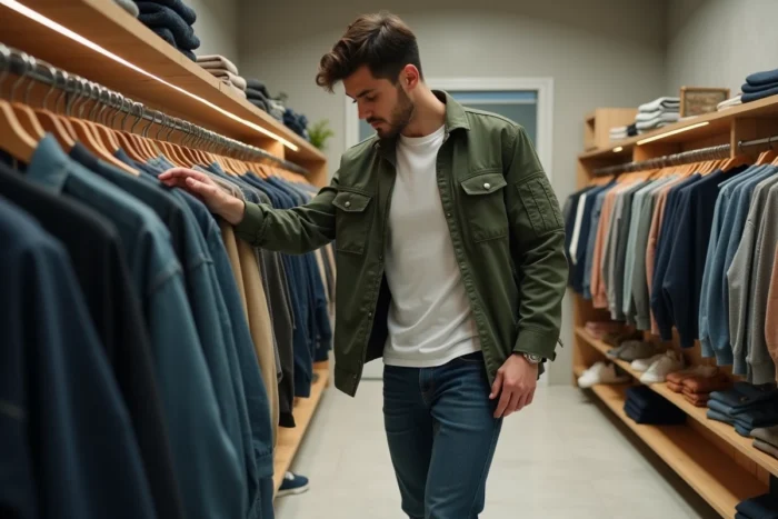 Homme stylé en veste utilitaire verte feuilletant des vêtements dans un concept store minimaliste contemporain, nouvelles tendances mode homme 2024