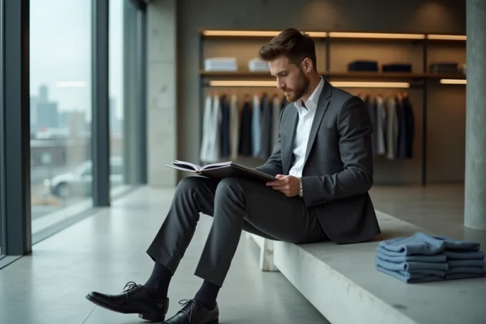 Homme en costume charbon assis dans un concept store minimaliste feuilletant un lookbook de mode