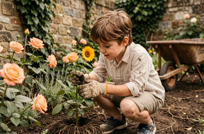 Jeune garçon aux pouces verts dans un jardin fleuri evoquant l'univers de Tistou les pouces verts