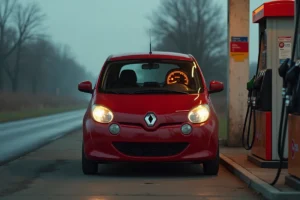 Renault Twingo 2 rouge garée à une station-service avec le voyant de réserve d'essence allumé visible sur le tableau de bord
