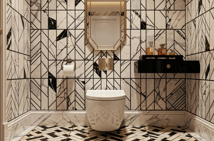 WC suspendu de luxe dans des toilettes Art Déco avec mosaïque en marbre noir et blanc et accessoires en nickel brossé