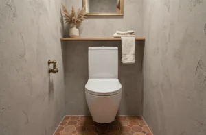 WC suspendu minimaliste dans des toilettes décorées avec des carreaux hexagonaux en terre cuite et des accessoires en laiton vieilli