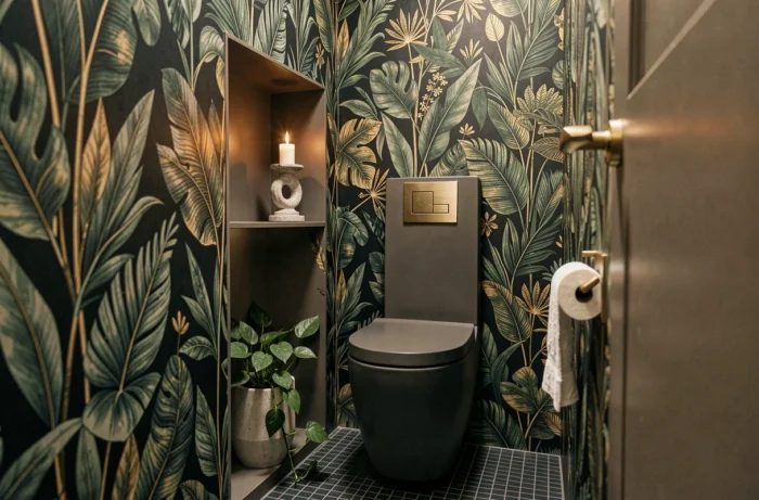 Toilettes suspendues chic avec papier peint botanique vert et or dans des WC de style contemporain