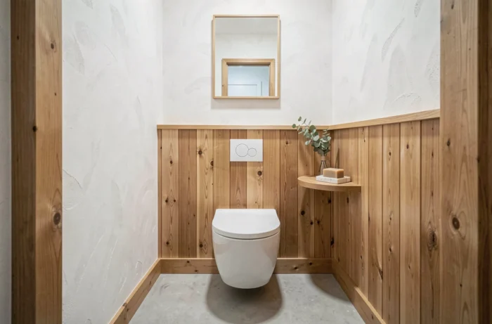 Petites toilettes scandinaves avec WC suspendu, lambris en chêne et enduit à la chaux blanc